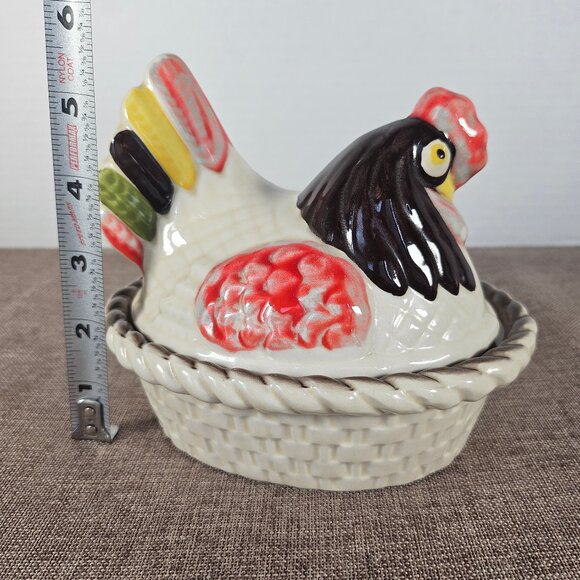 Vintage Metlox Hen On Nest Poppy Trail Pottery Vernon Red Rooster Covered Dish - Picture 9 of 12